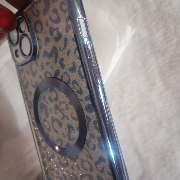 Glitter Leopard Print iPhone 15 Plus Case - Silver and Blue - Picture 3 of 11